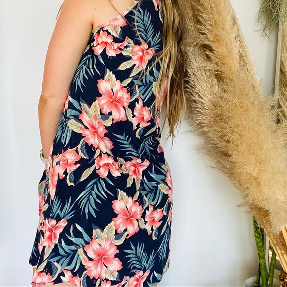 SHEIN Navy Blue Pink Floral Palm Tropical Print Tank Top Mini Halter Dress S - Picture 7 of 7